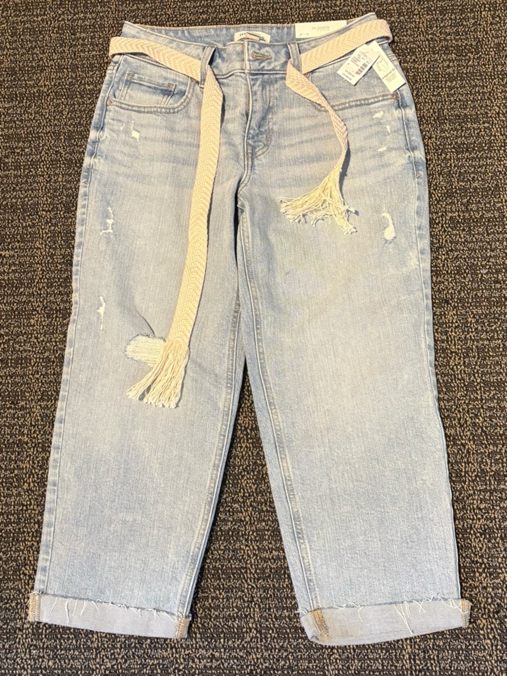 Maurices Light Blue Distressed Boyfriend Jeans with Tassel Belt
